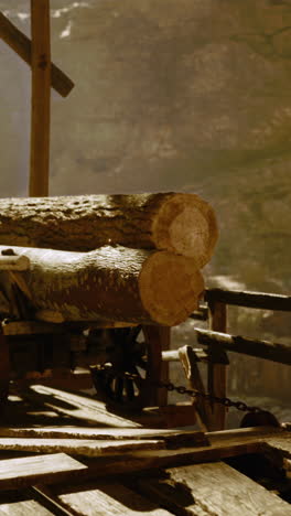 old wooden cart with logs on a wooden platform