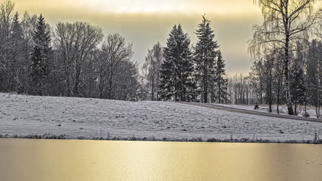 Frozen-forest-area-covered-by-snow-in-golden-hour,-sunlight-reflection-on-lake-water---time-lapse