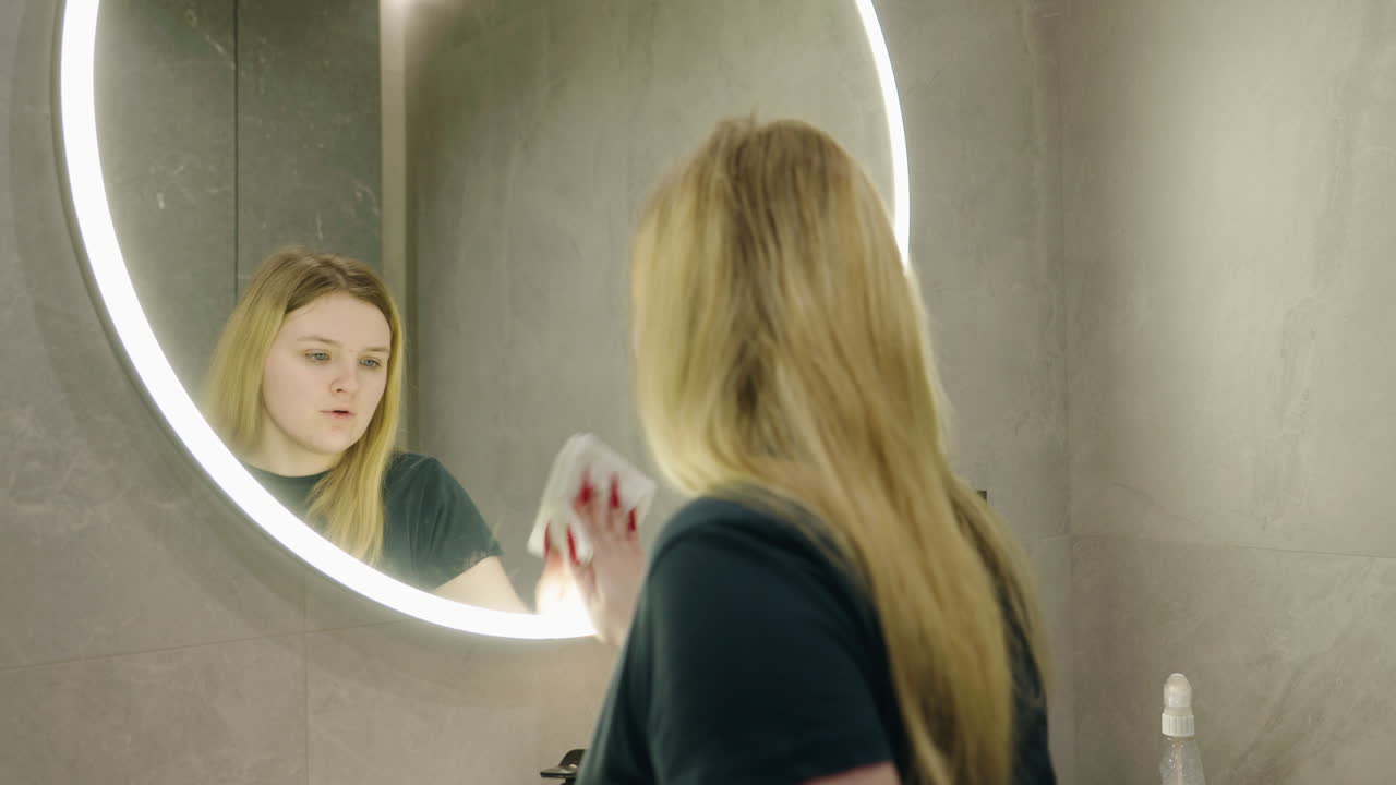 mujer limpiando el espejo del baño