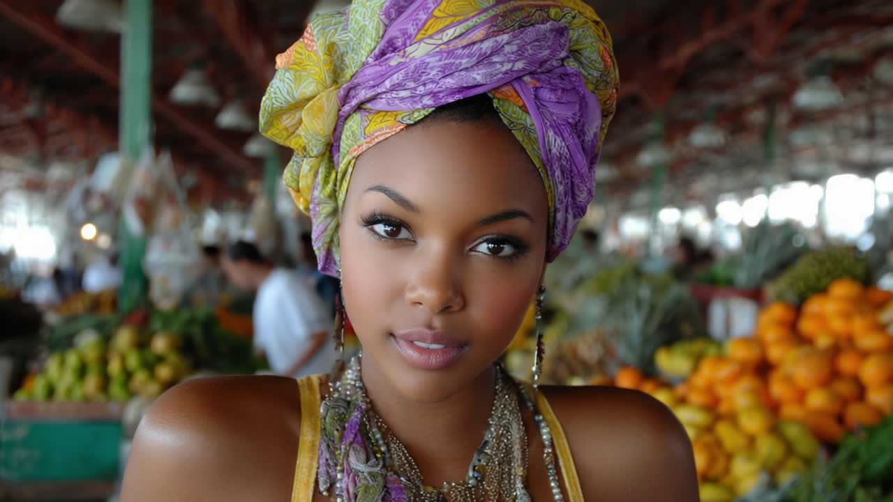 Una donna sicura di sé con un copricapo colorato posa in un vivace mercato pieno di frutta e verdura fresche, catturando l'essenza dello stile culturale e della bellezza