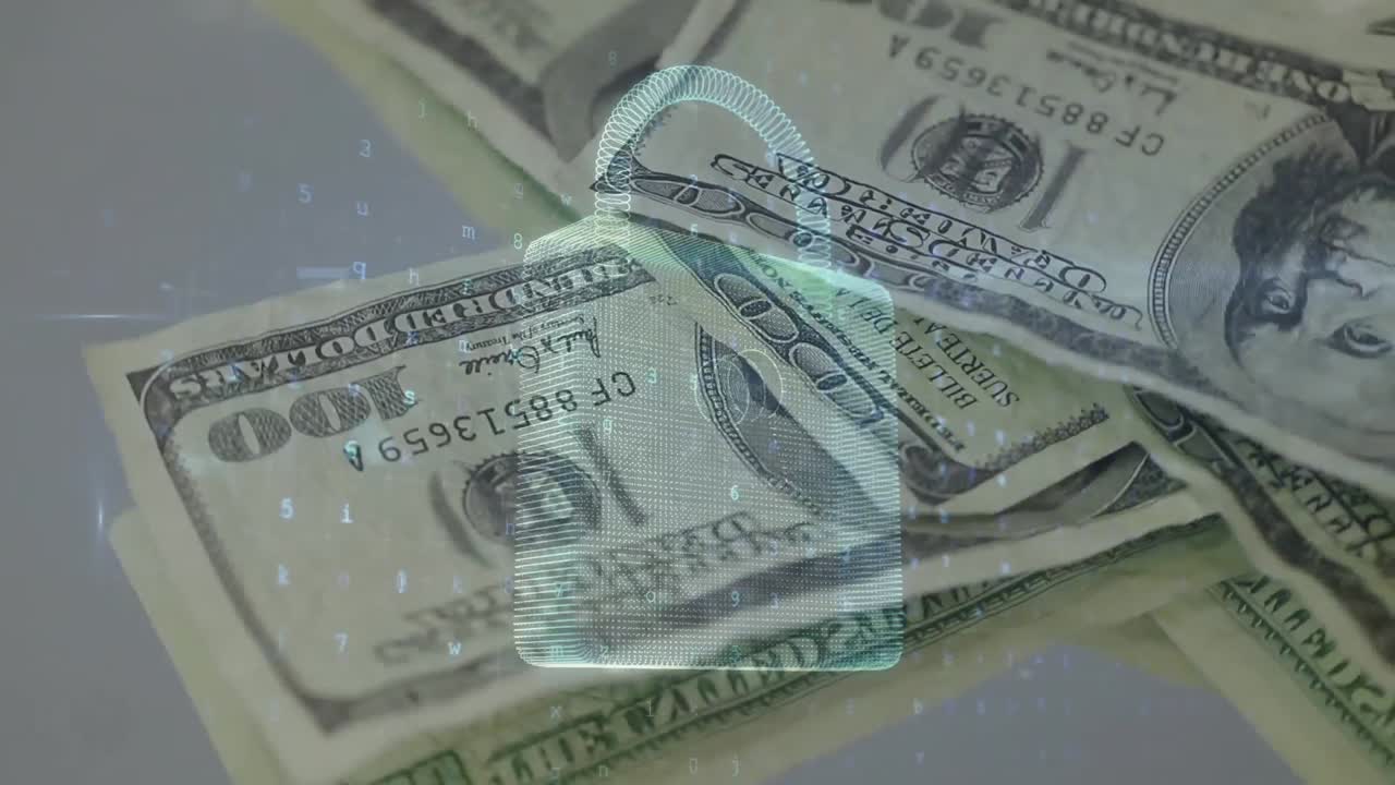 animación de números y candado de seguridad sobre billetes de dólar que caen