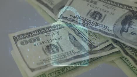 Animation-Von-Zahlen-Und-Sicherheitsvorhängeschloss-über-Fallenden-Dollar-Banknoten