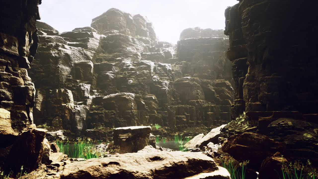 Rocky canyon landscape with lush greenery during bright daylight