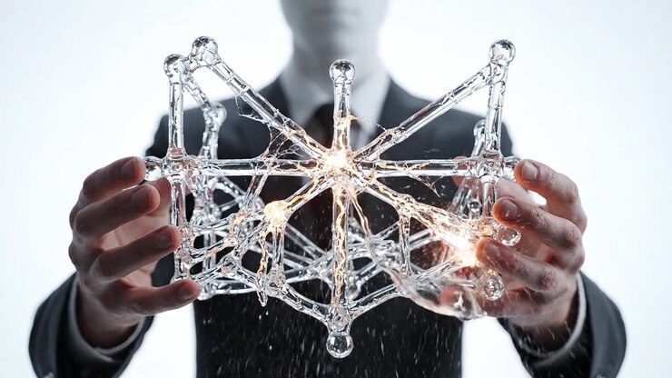 A faceless figure in a suit holds a glowing crystalline structure, emphasizing innovation, technology, and the beauty of interconnected networks in a minimalist setting.