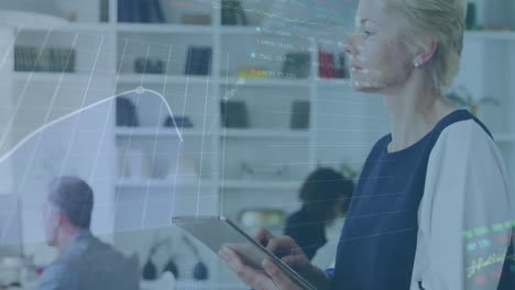 animation of financial data processing over diverse business people working at office