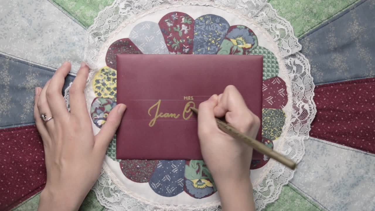 Top View, Close-up Woman Hands, Calligraphy Handwriting with Brown Marker on Letter