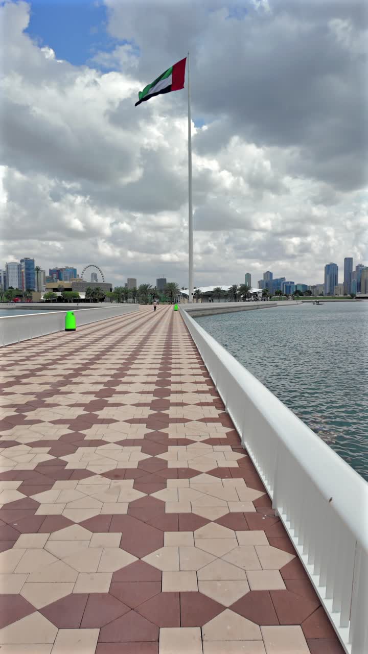 The national flag of the UAE waves over Sharjah during a cloudy day