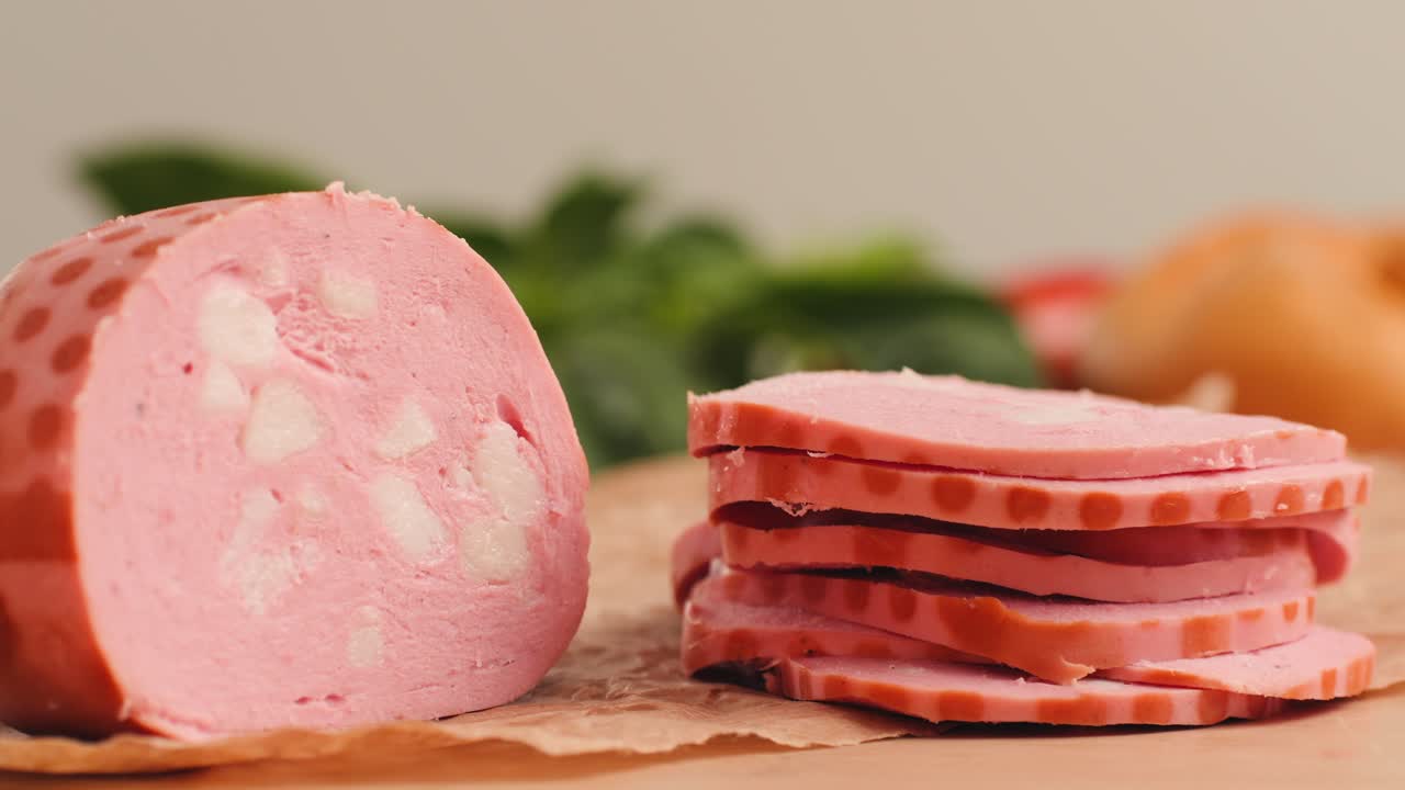 Ham italian mordatella, man Slices Of Traditional Italian antipasti mortadella sausage on a wooden cutting board, close up macro of chicken or turkey jamon, fat breakfast dish.