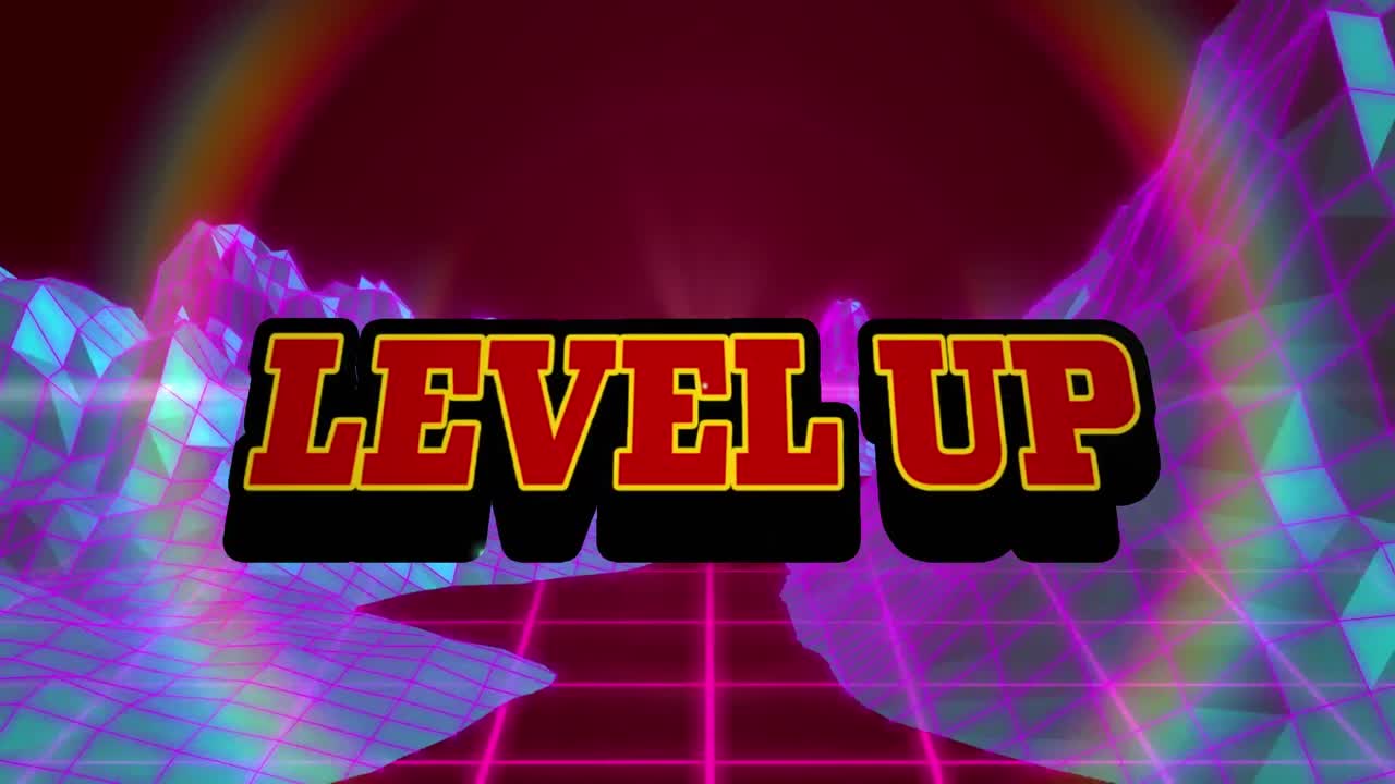 빨간색 텍스트 수준의 애니메이션, 보라색 풍경과 갈색에 분홍색 그리드와 함께 폭발