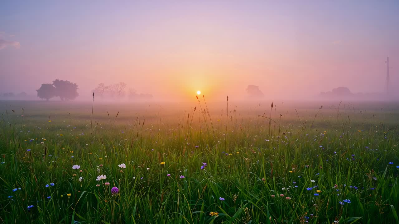 Aurinko nousee ja kylvettää etualan ruohoista niittyä aamunkoitteessa paljastaen sumua ja taustavalaistuja luonnonkukkia.