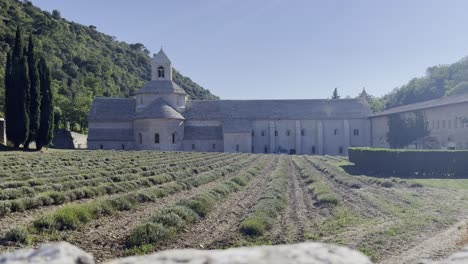 complejo histórico de monasterios en francia con un campo de lavanda en primer plano