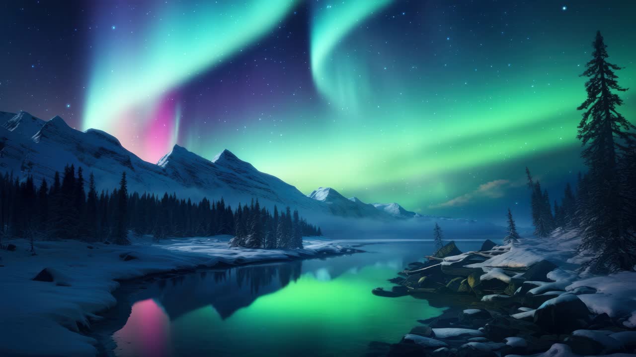 Stunning wide-angle video scene of the Northern Lights over a serene snowy landscape