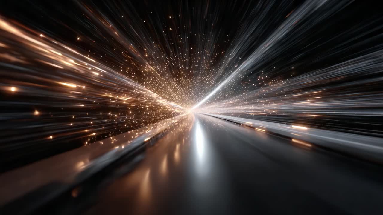 A Stunning Journey Through Light and Motion: Experience the Thrill of Accelerating Towards a Brilliant Cosmic Horizon with Sparkling Particles and Dynamic Radiance