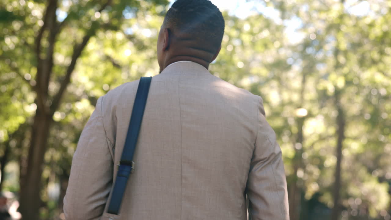 African businessman walking in park from back