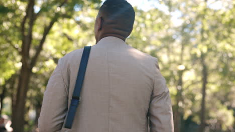 african businessman walking in park from back