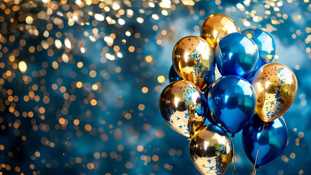 un montón de globos azules y dorados en un fondo azul
