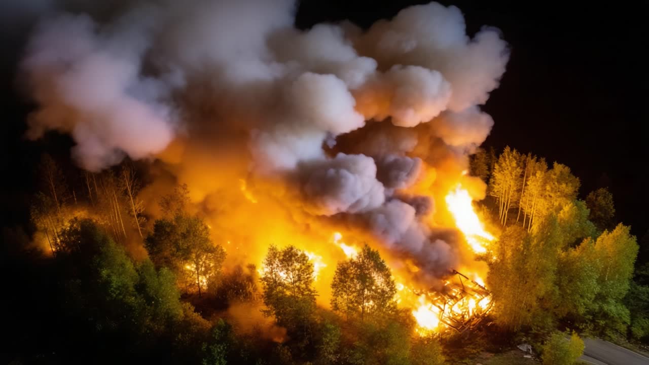 A Majestic Blaze Unfolds: Flames Illuminate the Night Sky as Thick Smoke Billows Amidst the Burning Landscape Surrounded by Trees