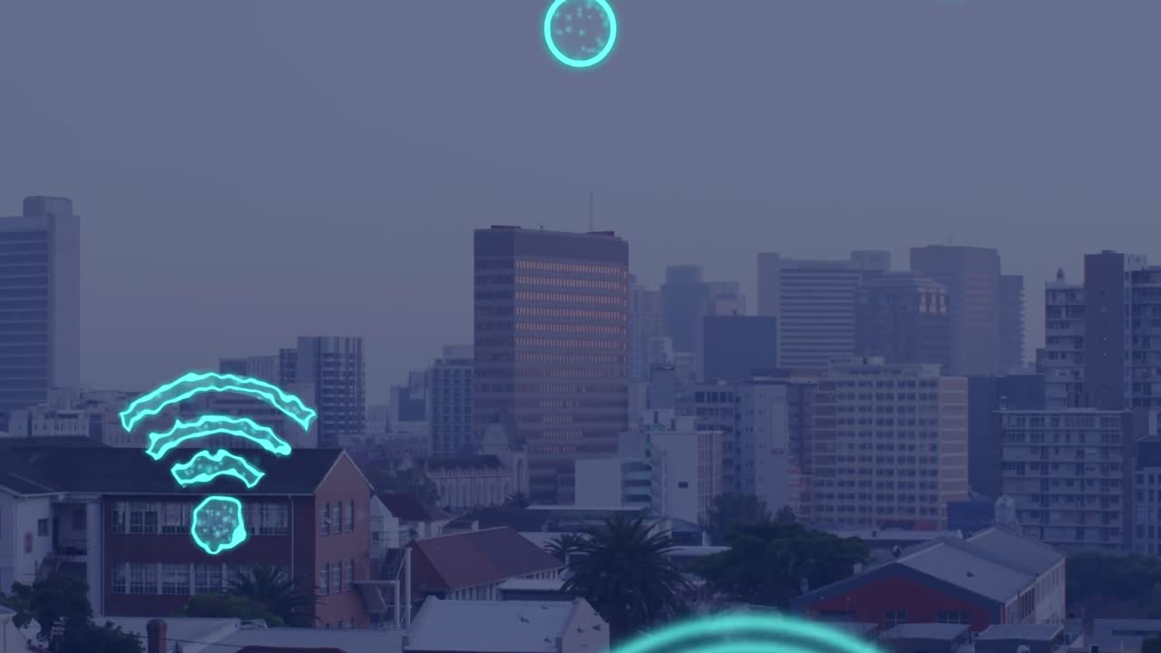 animación de iconos wifi digitales que vuelan sobre el paisaje urbano