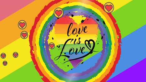 animation of love is love text and hearts with rainbow background