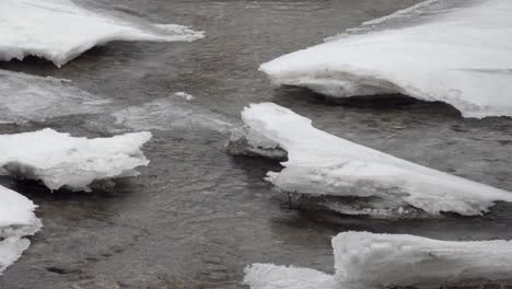 el agua fluye en un arroyo en invierno con pedazos de hielo en los lados