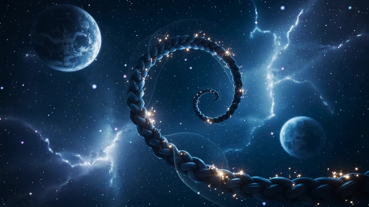 Spirale intrecciata che entra da destra, ruotando e centrandosi in una nebulosa, con bolle e scintille vicino a pianeti.