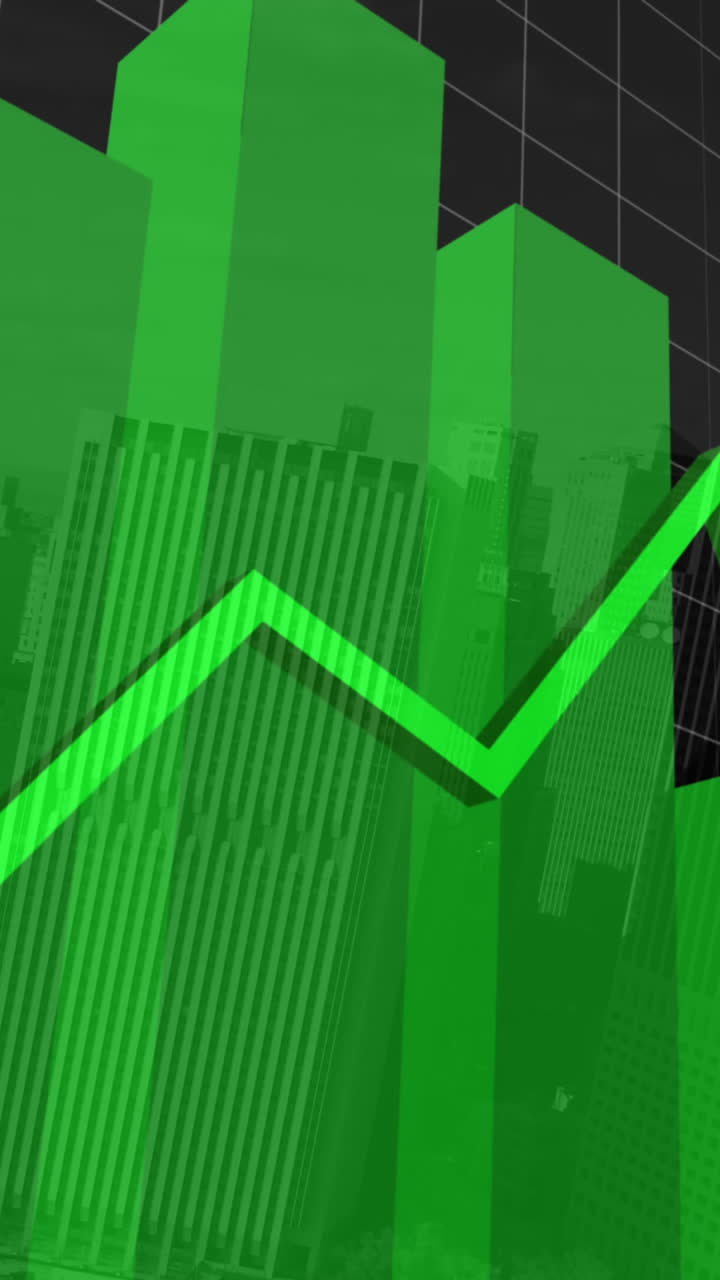 animación del procesamiento de datos financieros con líneas verdes sobre la red y el paisaje urbano