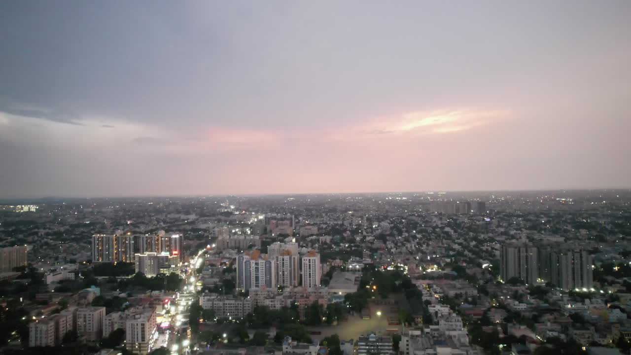 Beautiful drone footage of an Indian city at dusk