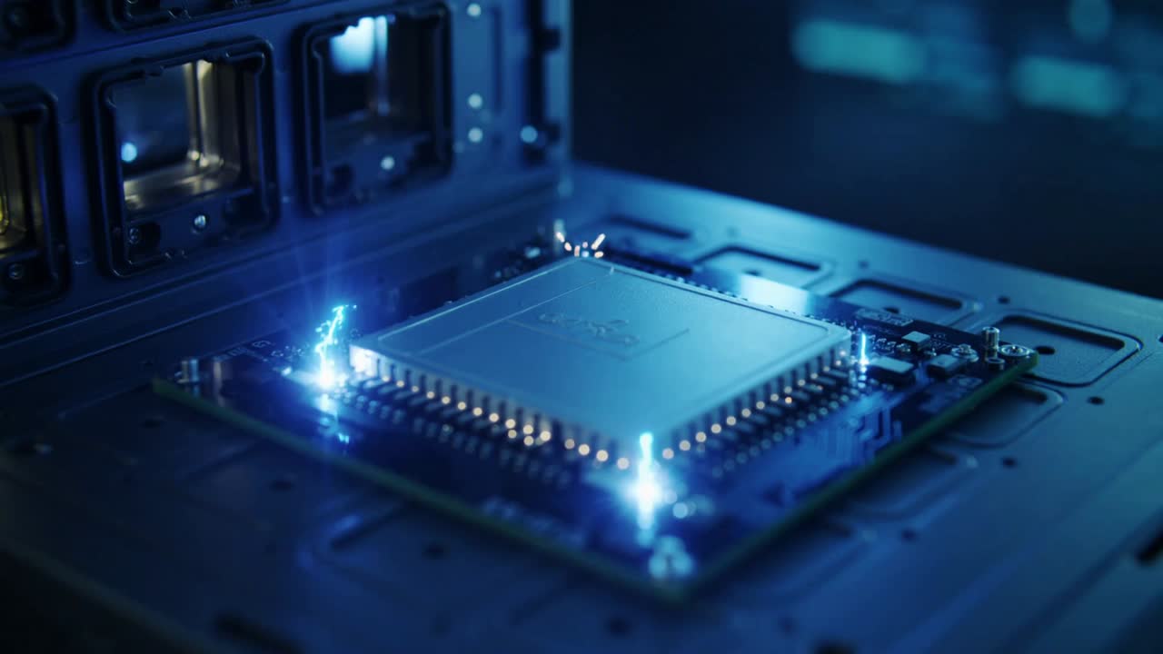 Applying power square chip generating blue arcs above PCB to activate processor, with sparks