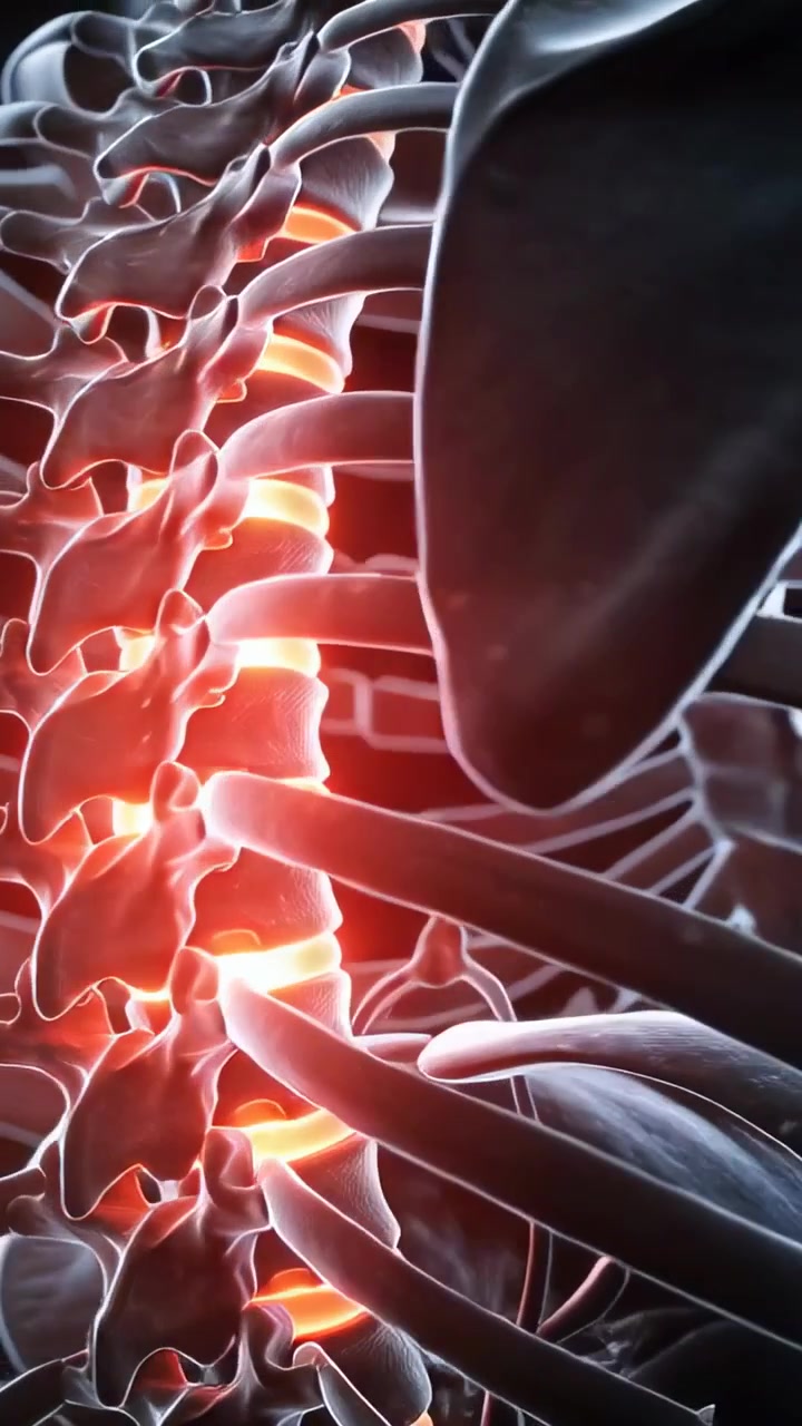 Vertikal video: Panorerende kamera afslører brystkasse og ribben med glødende røde skiver i 3D til diagnose.