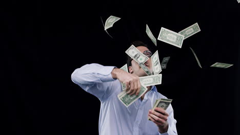 man with glasses and falling money