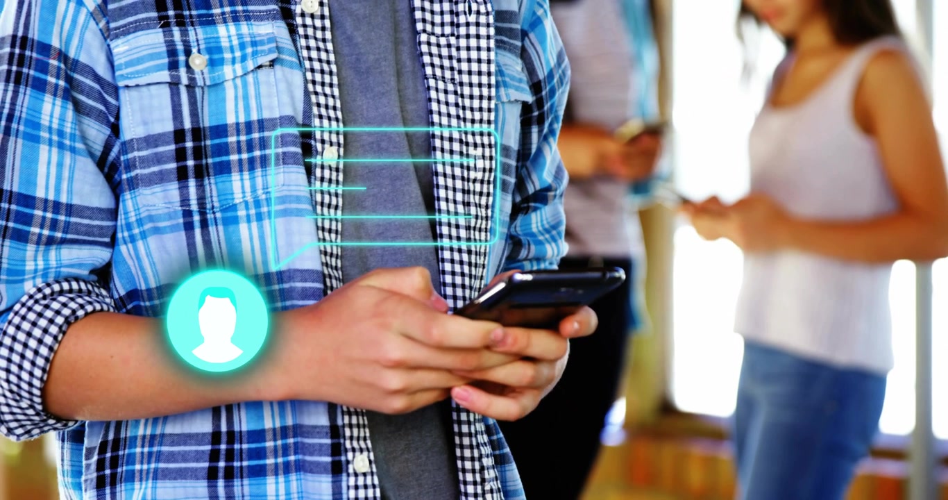 Ragazza adolescente tocca il telefono e avvia un avatar con linee color verde acqua che trasferiscono messaggi per la tecnologia.