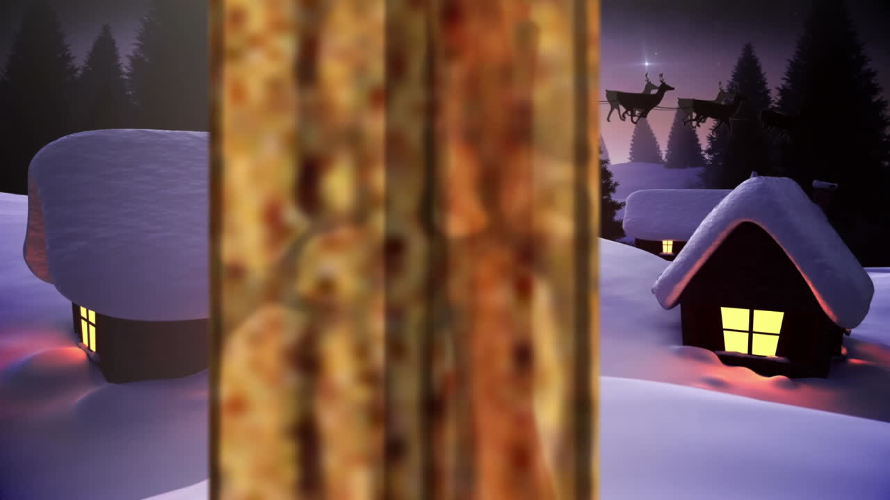 анимация зимнего пейзажа с санта в санях с оленями