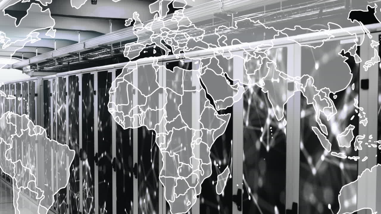 서버 의 서버 랙에 연결된 점에 대한 지도의 애니메이션