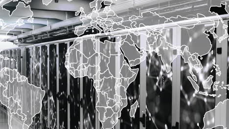animación del mapa sobre puntos conectados en los estantes de los servidores de la sala de servidores