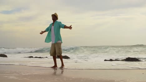 Rear-view-of-African-American-man-standing-with-arms-outstretched-on-the-beach-4k