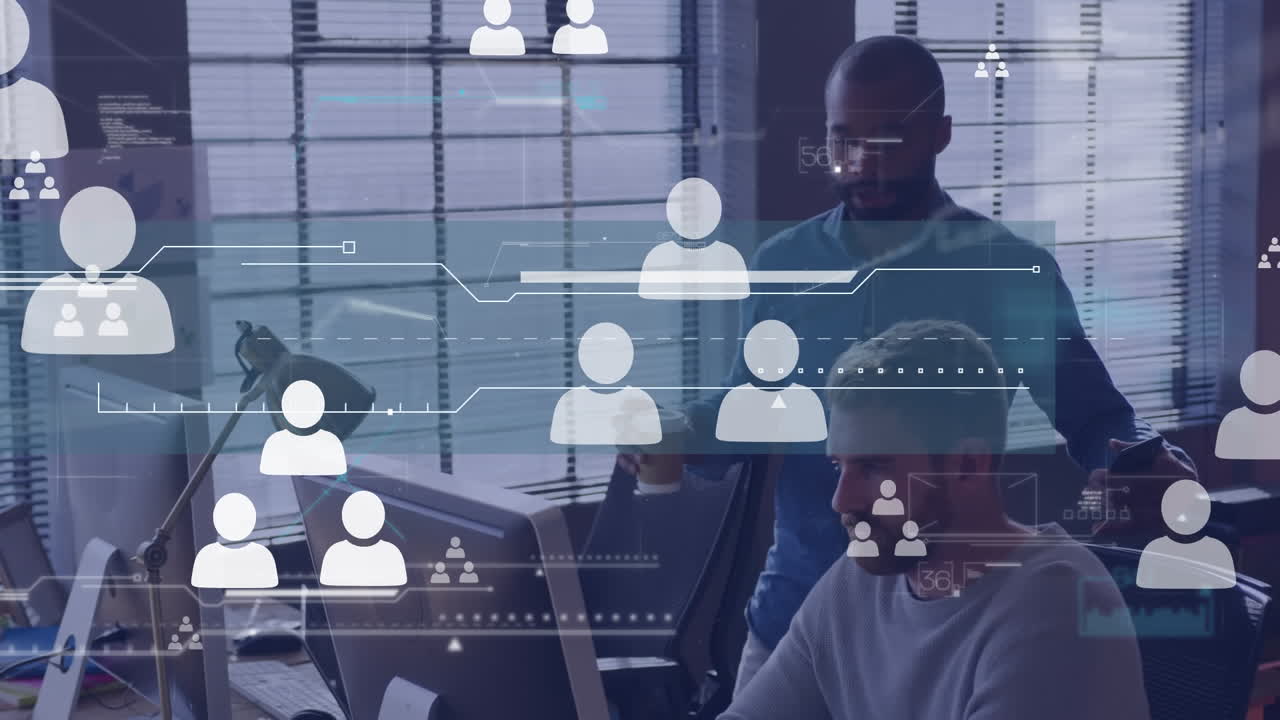animación de conexiones con iconos sobre diversas personas de negocios en la oficina