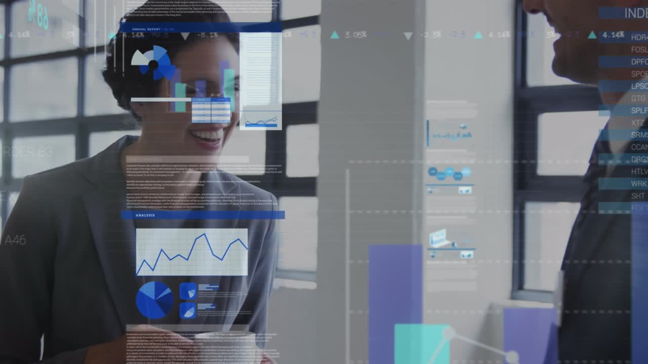 Animation of data processing over diverse business people smiling