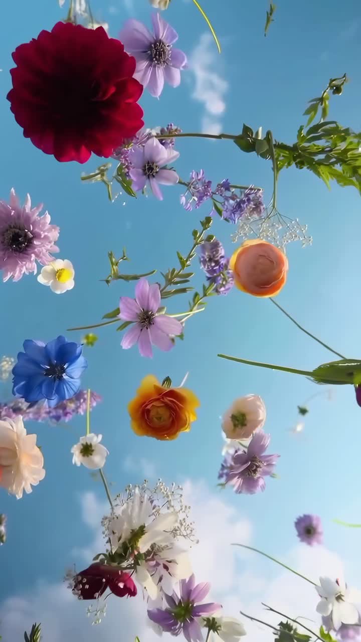 Video aereo di fiori colorati contro un cielo blu, ripreso da una prospettiva dal basso