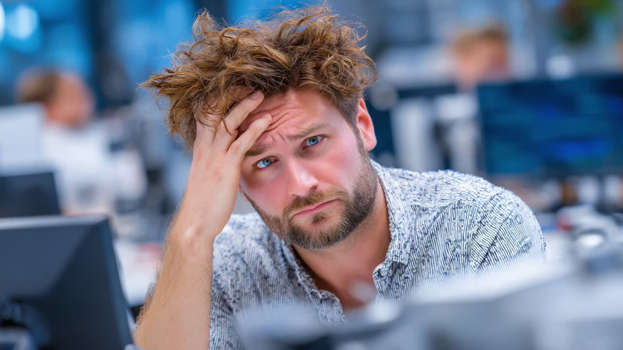 A Frustrated Professional at Work: Capturing the Emotional Struggles of a Young Man Struggling with Stress and Overwhelm in a Busy Office Environment