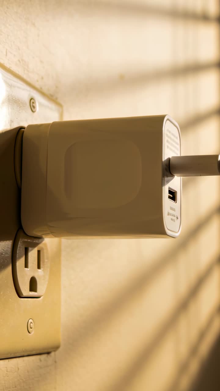 Vertical video: Panning camera in on USB charger with cable in outlet, emphasizing striped shadows