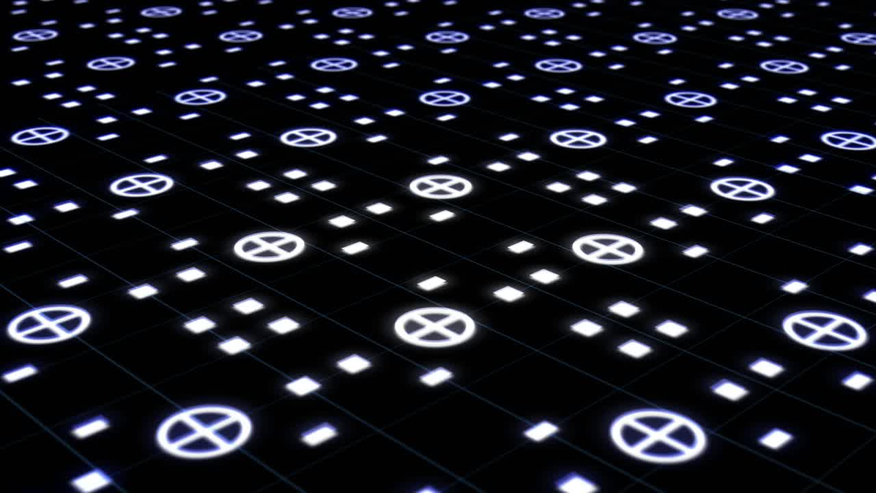 Abstract Digital Grid with Flashing Data Points and Symbols