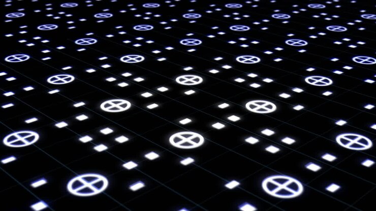 Abstract Digital Grid with Flashing Data Points and Symbols