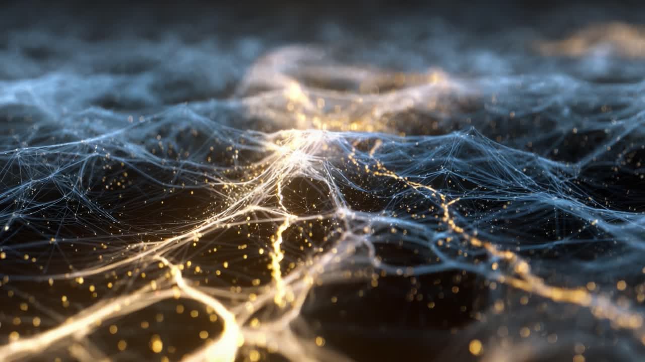 Exploring the Ethereal Landscape of Interconnected Light: A Close-Up of Intricate Patterns and Glimmering Network Structures in a Fluid-Like Environment