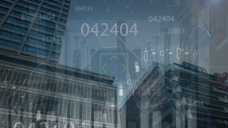 animation of financial data processing and scope scanning over cityscape