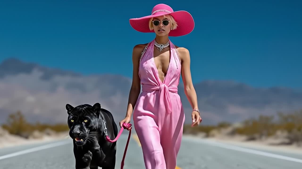 A woman in a pink dress and hat walking a black panther on a leash