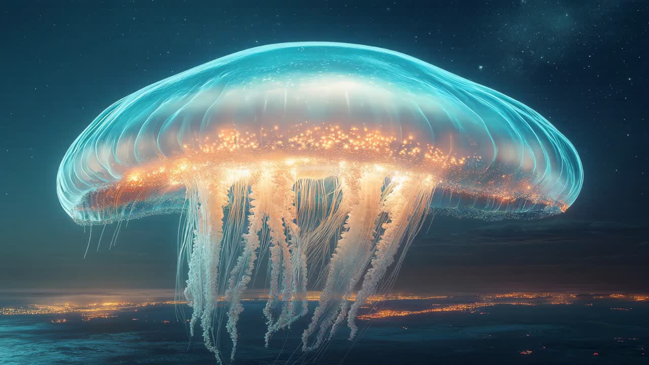 Glowing Jellyfish over Cityscape at Night