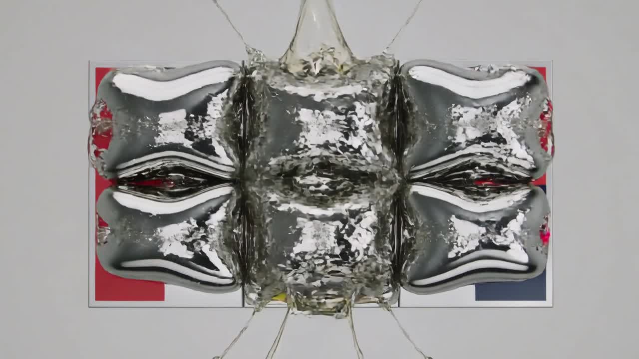 Morfende tre-panel modtager metal, der frigives ovenfra og samler sig på en bleg væg, hvor det danner seks paneler.