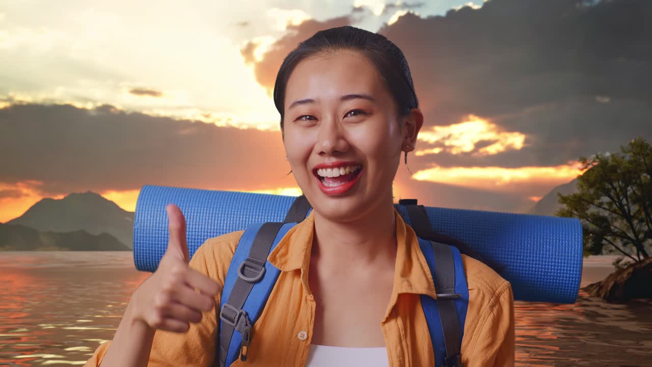 Close Up Of Asian Female Hiker With Mountaineering Backpack Smiling And Showing Thumbs Up Gesture To Camera While Standing At A Lake During Sunset Time