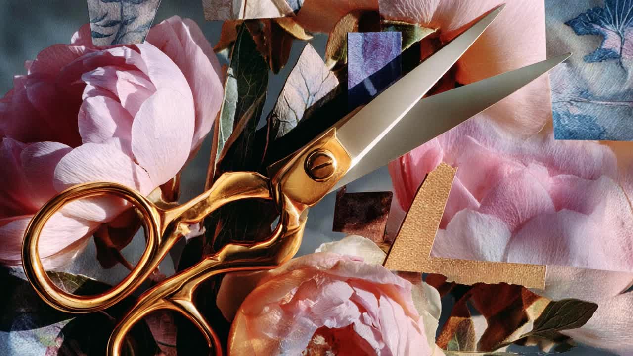 An Artistic Arrangement of Scissors Surrounded by Beautiful Pink Flowers and Decorative Paper in a Captivating Collage Composition Full of Texture and Color