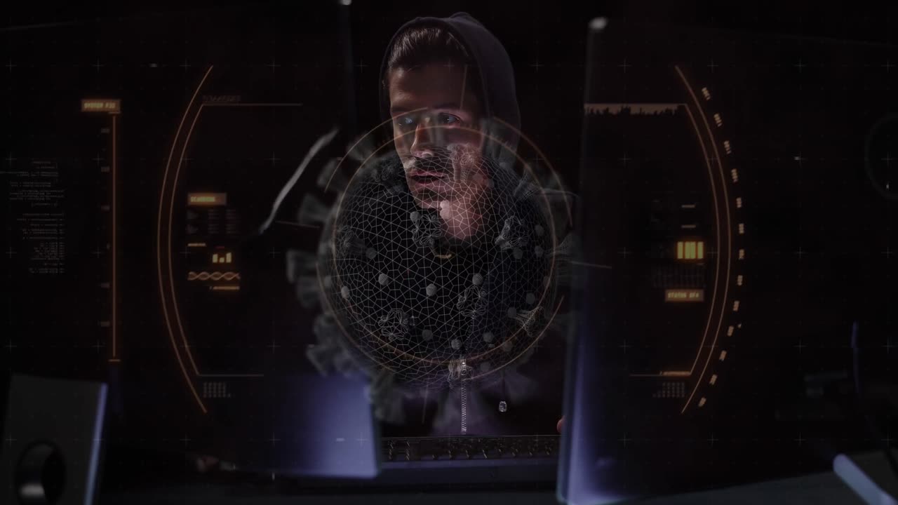Animation of a macro coronavirus Covid-19 cell analyzed over a hacker hooded man